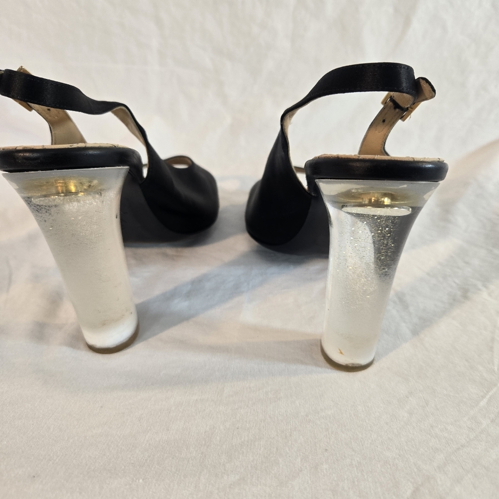 Chanel Women's Size 41 Black 2015 Runway Black Satin Lucite Heel Peep Toe Pumps - Picture 9 of 12